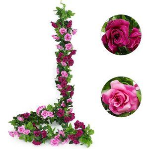 2PCS Artificial RoseVines Flowers Garland Hanging Silk Rose Vine Wedding,Fuchsia